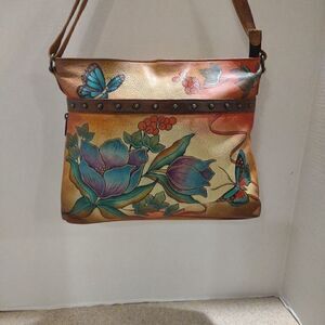 Anuschka Purse Tan Brown Teal Floral NWOT